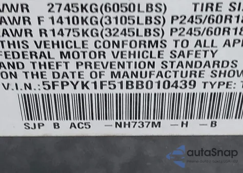 2011 Honda Ridgeline Rtl z USA, uszkodzony, nr VIN 5FPYK1F51BB010439